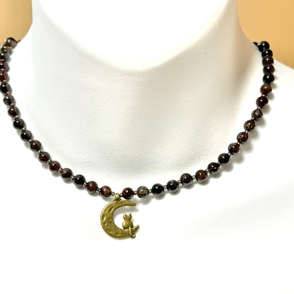 Deep Wine Red Garnet Short Necklace, Genuine Gemstone & Bronze Cat on the Moon - Picture 2 of 15